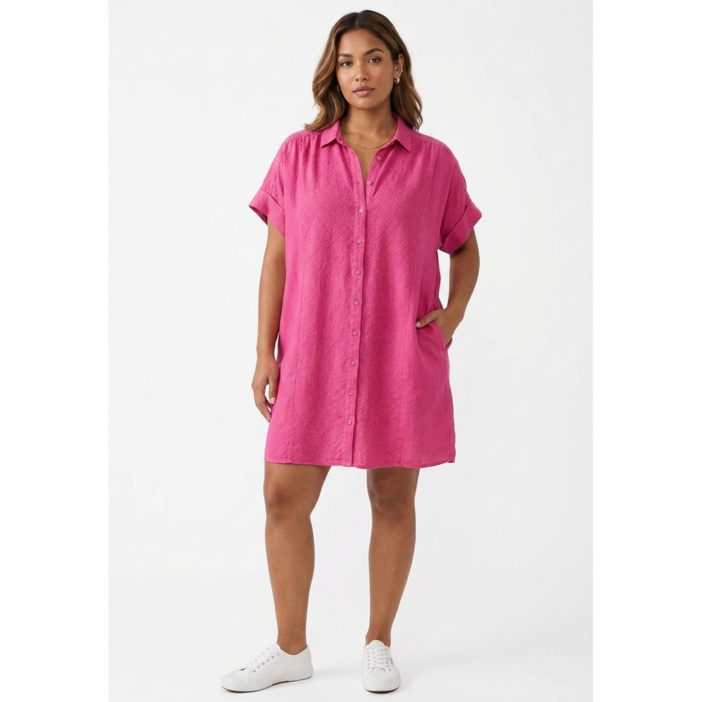 Baird McNutt Irish Linen by J Crew Shirt Dress Pink Button Front Short Sleeve-LP